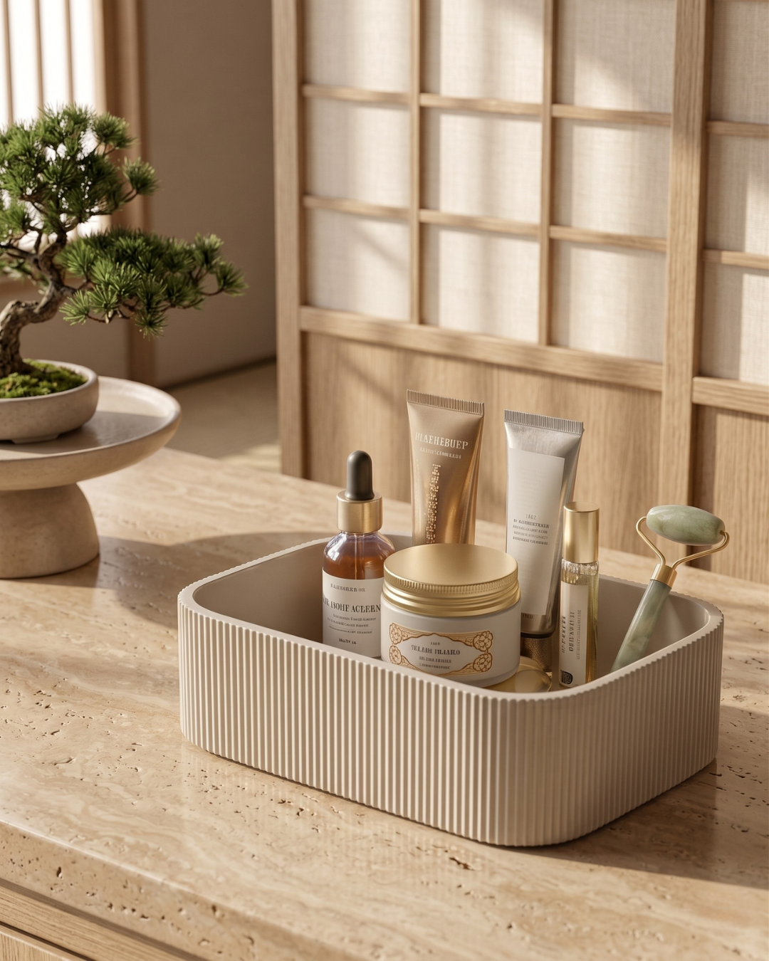 Organizador de bancada canelado Dommi cor areia com produtos de skincare em ambiente minimalista.