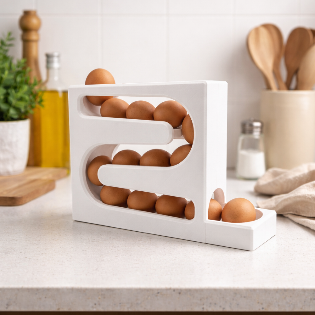 Dispensador de ovos branco com design compacto e moderno para organização de cozinha