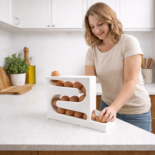 Dispensador de ovos branco com design compacto e moderno para organização de cozinha