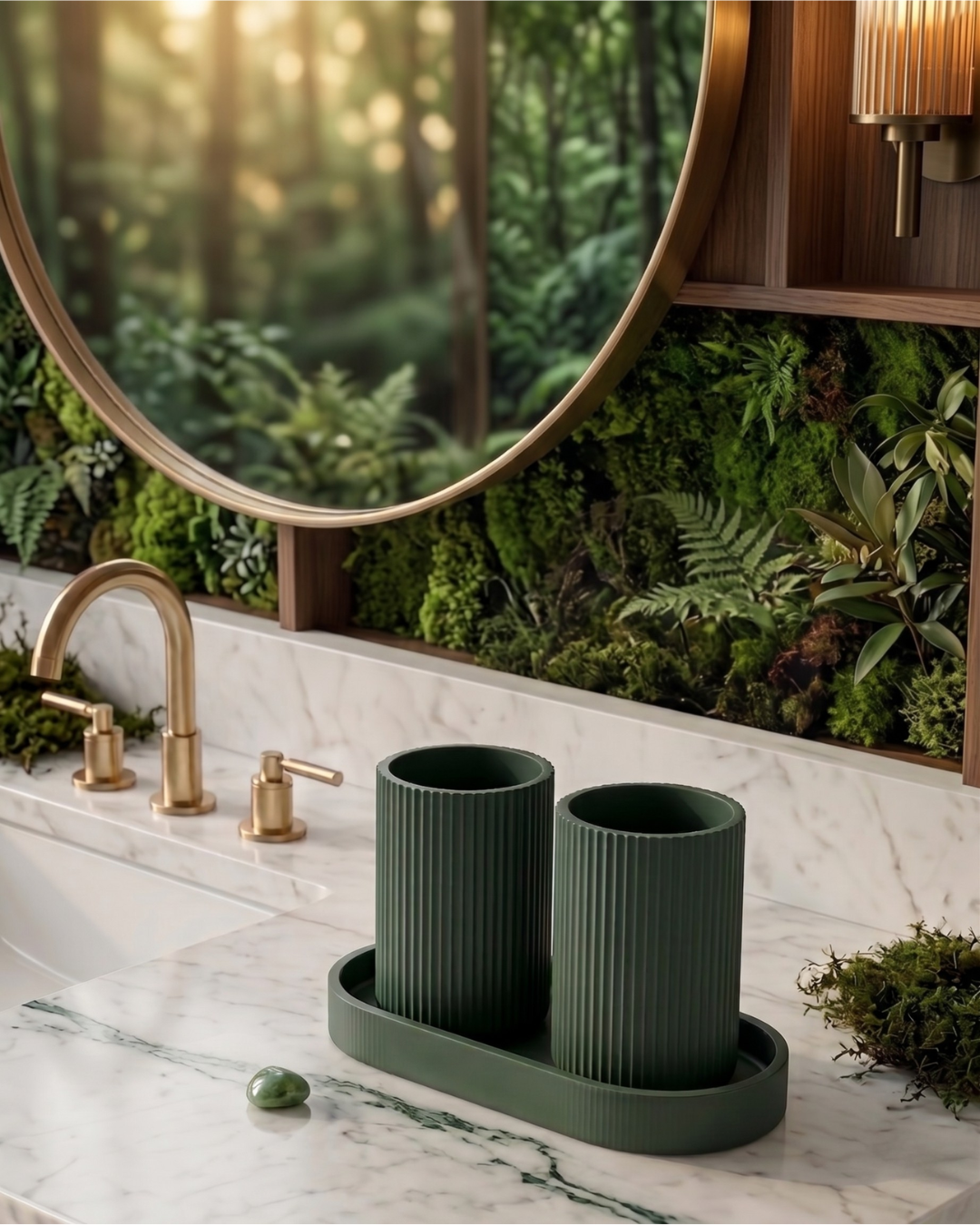 Organizador de bancada minimalista NORD na cor verde floresta fosco, sobre lavatório de mármore num ambiente moderno com parede de jardim vertical e acabamentos em metal dourado.