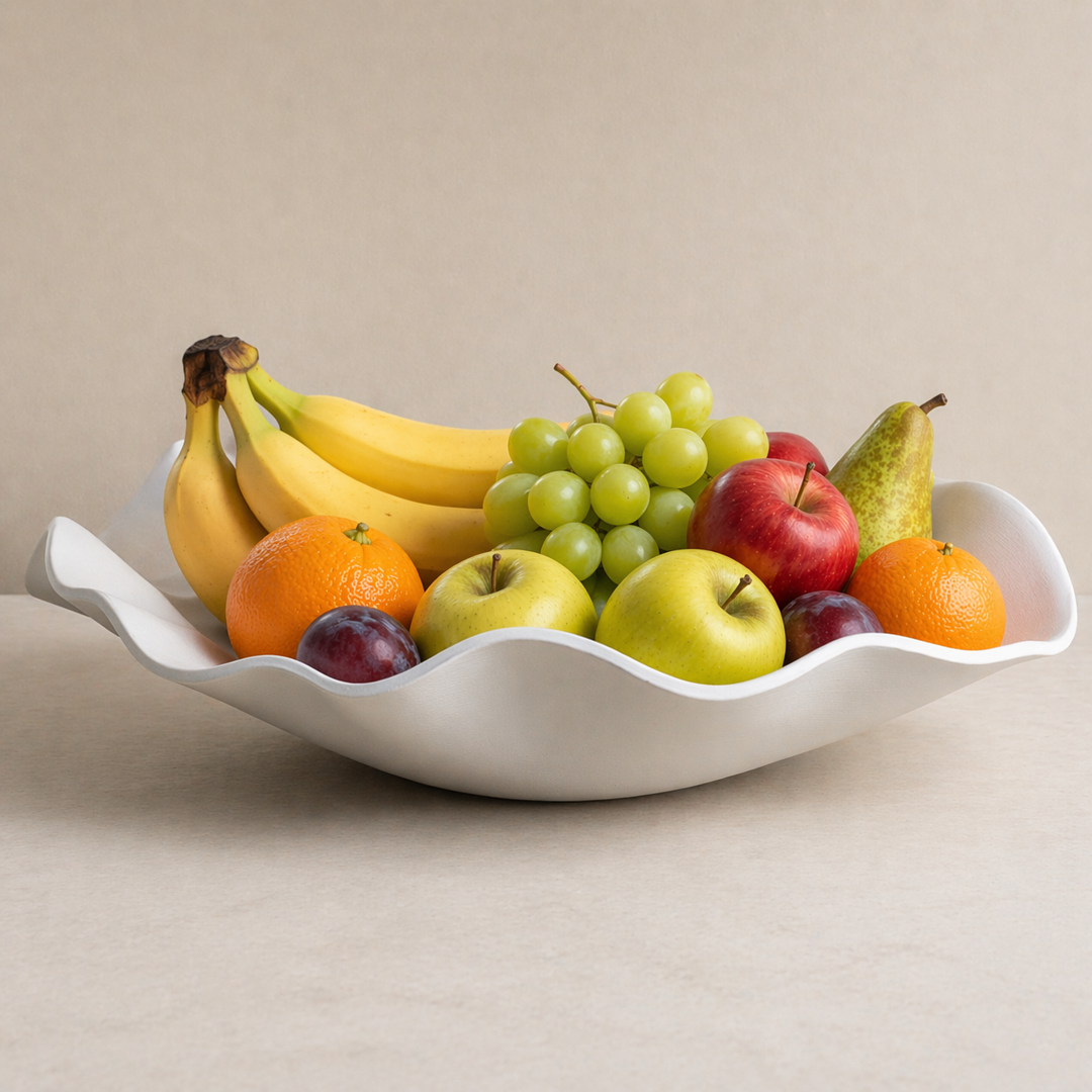 Fruteira escultural de design minimalista em biopolímero da coleção Êxodo, marca Dommi