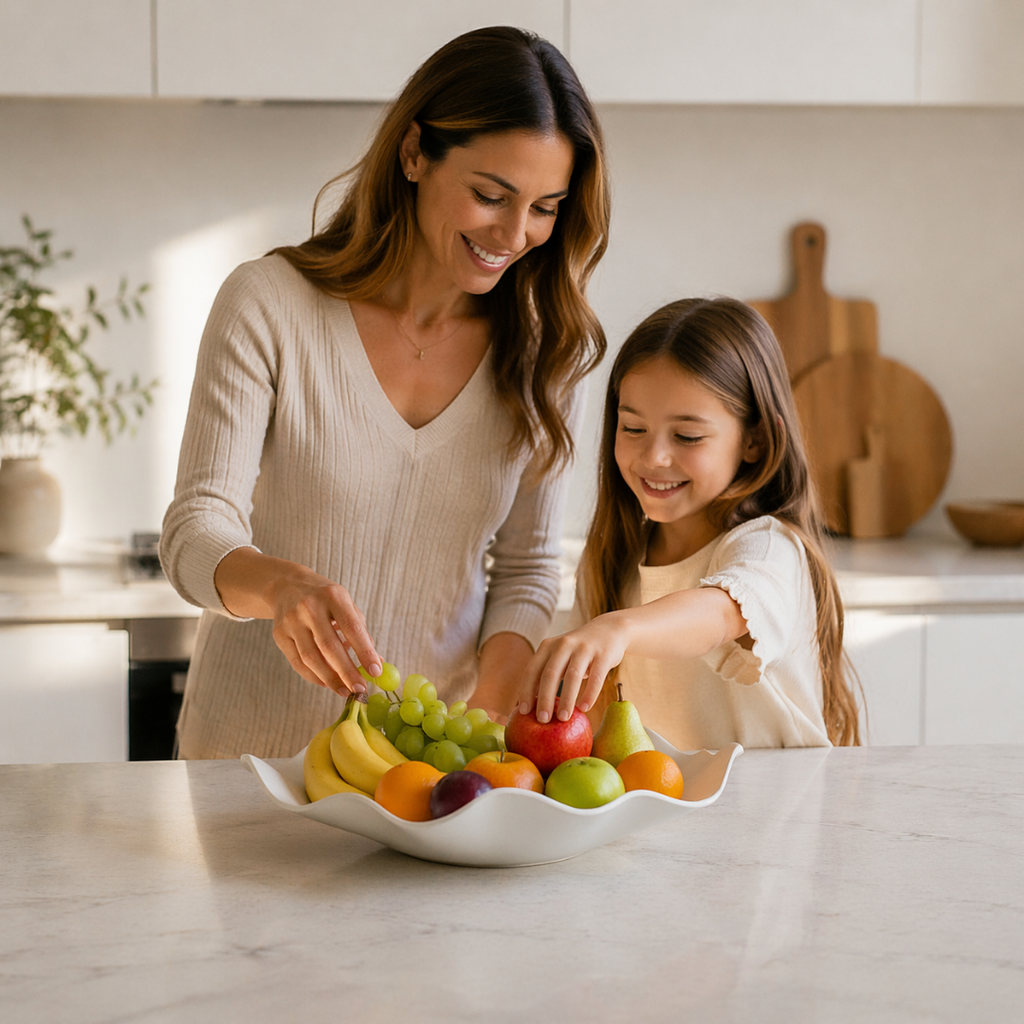 Fruteira escultural de design minimalista em biopolímero da coleção Êxodo, marca Dommi